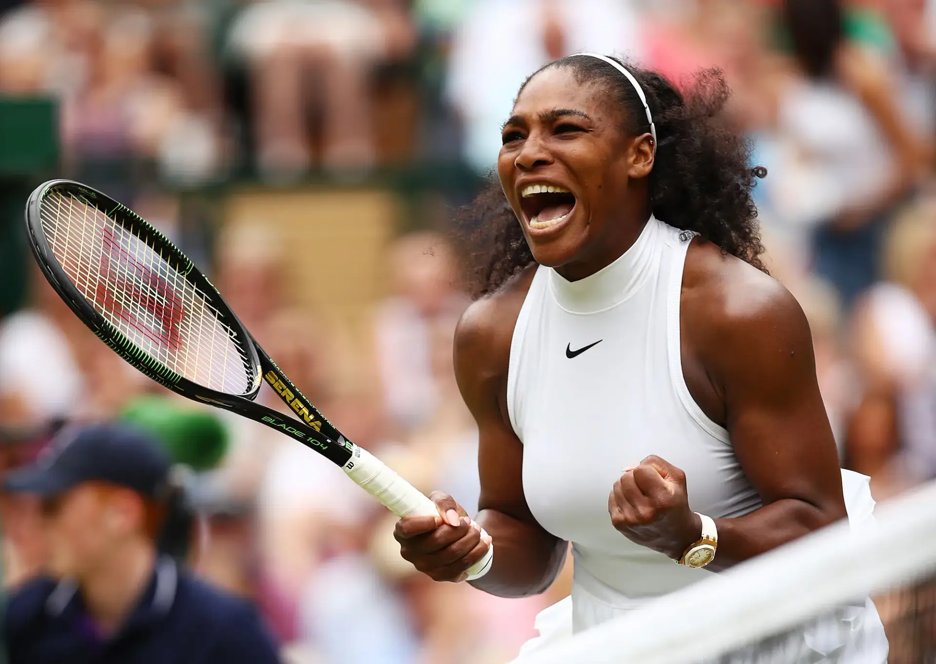 Serena Williams celebrating victory on the tennis court, symbolizing determination and excellence