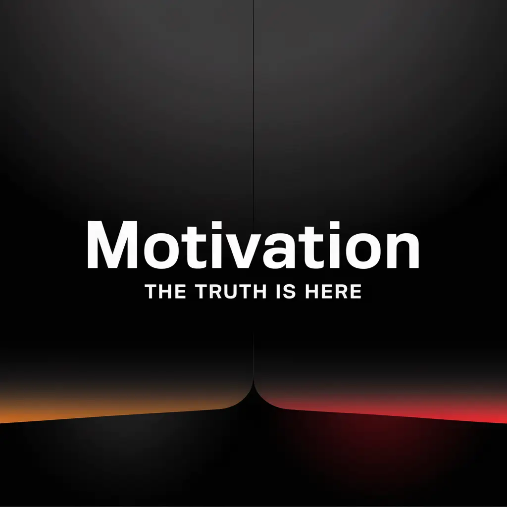 Silhouette of a man standing confidently against a vibrant sunrise over a cityscape, with motivational text 'MOTIVATION' in bold and 'The Truth is Here' as subheading in an inspiring color palette of black, red, and grey