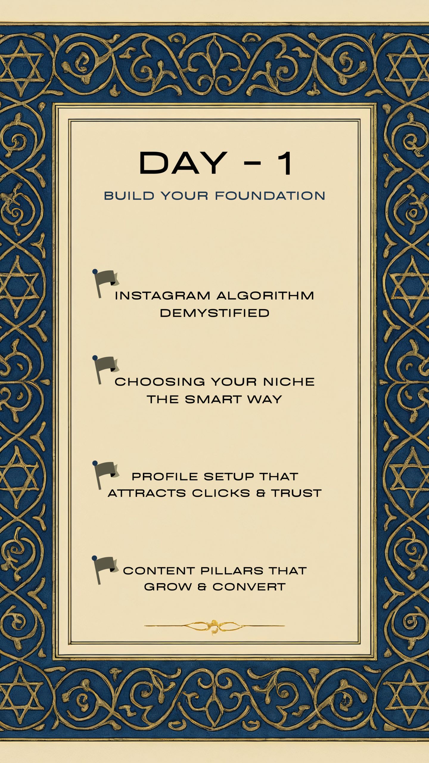 Infographic showing Day 1 of Instagram Growth Mastery course: algorithm insights, niche selection, profile setup, and content pillars.