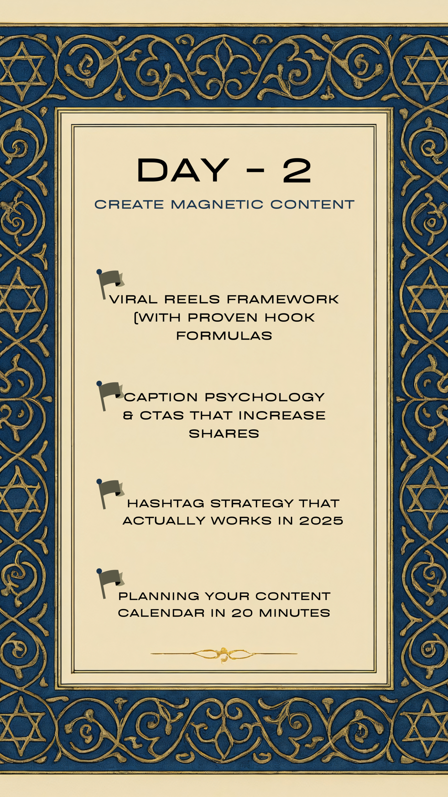 Instagram Growth Mastery Day 2 infographic outlining viral reels, caption psychology, hashtag strategy, and content calendar tips.