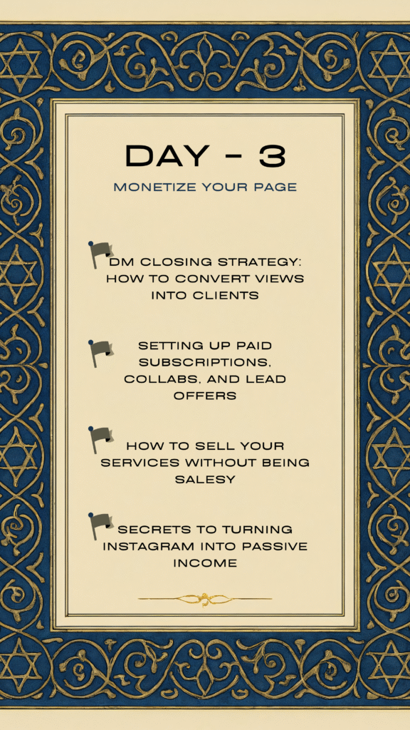 Infographic showing Day 3 of Instagram course: DM closing strategies, paid subscriptions, sales tactics, and passive income tips.